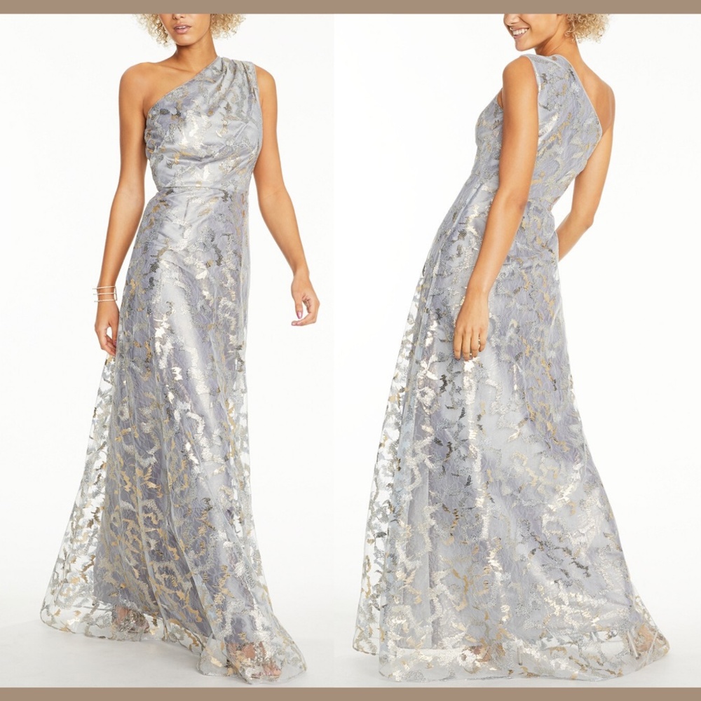 NWT $349 Adrianna Papell Metallic Lace One Shoulder Gown [SZ 12‎ ]